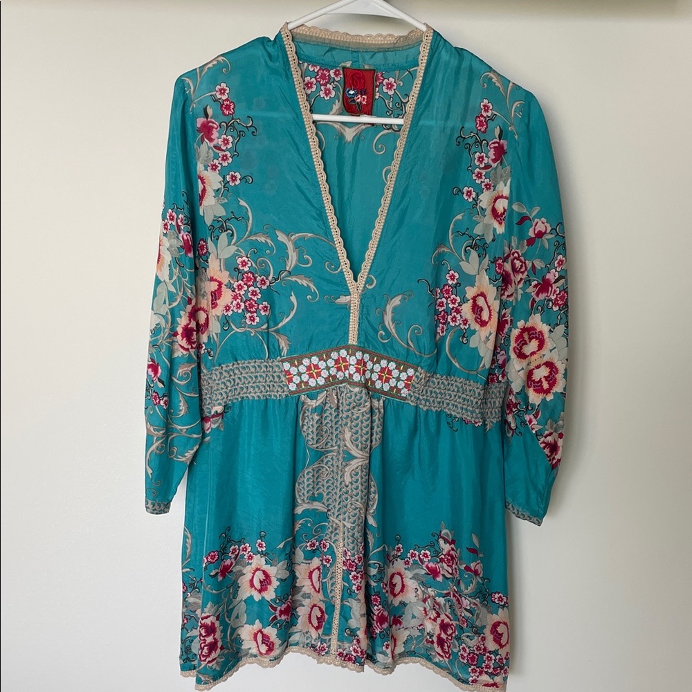 Johnny Was Turquoise Floral Embroidered Tunic